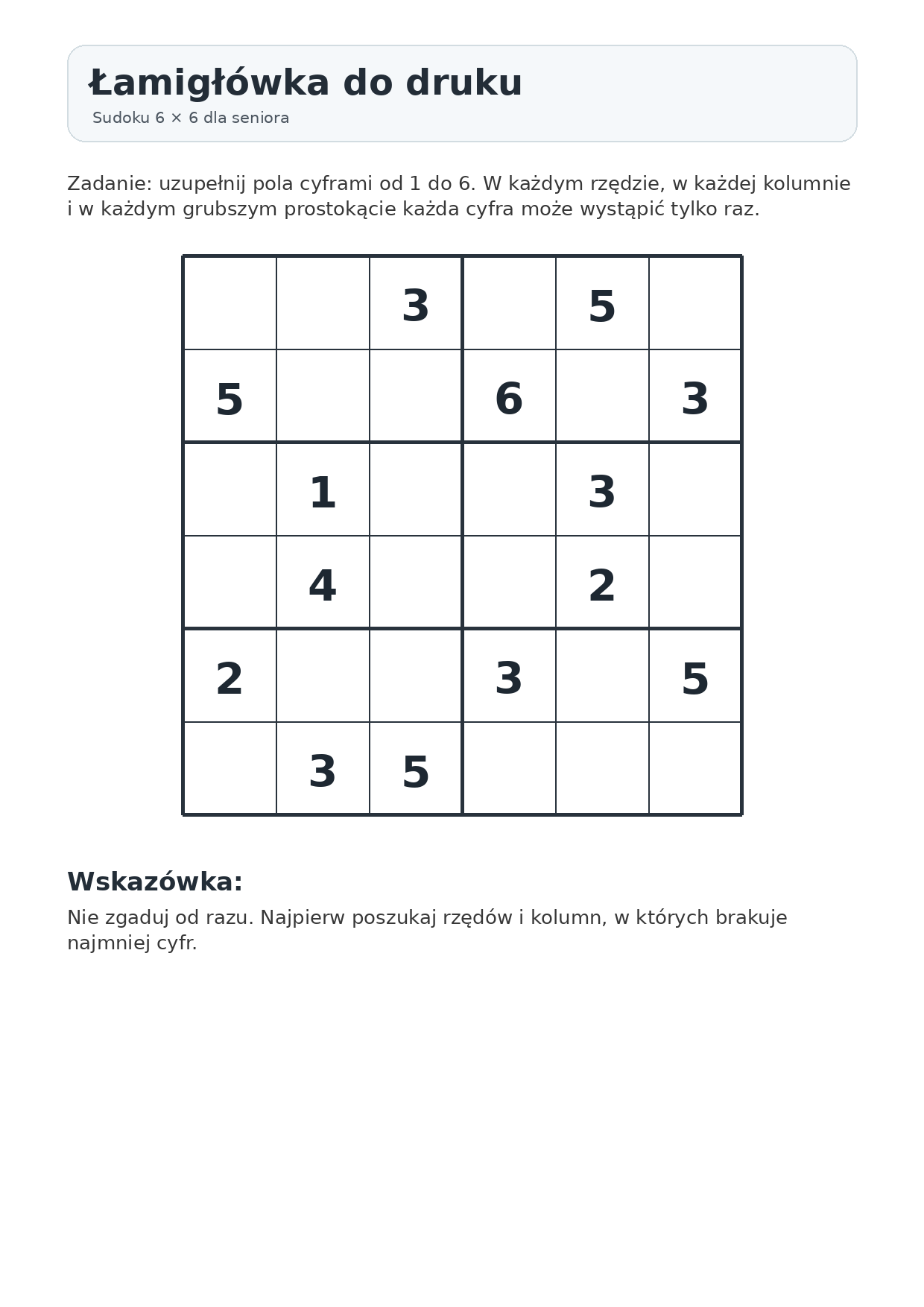 Sudoku sześć na sześć dla seniora do druku