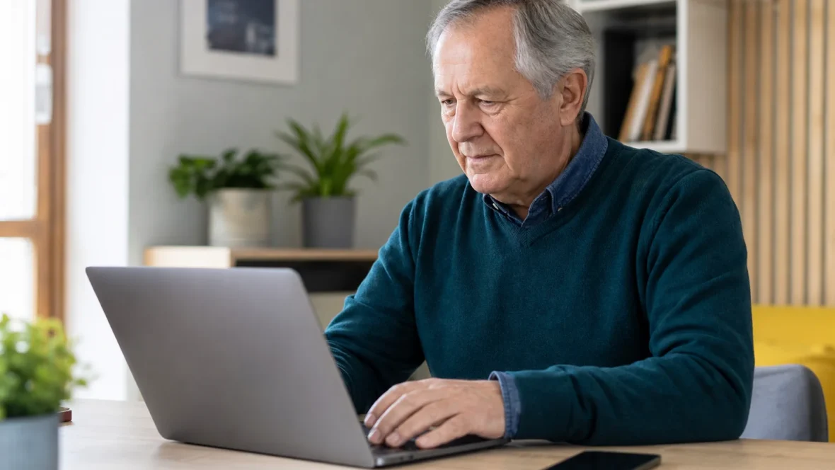 Mężczyzna po 60. roku życia korzystający bezpiecznie z Profilu Zaufanego na laptopie