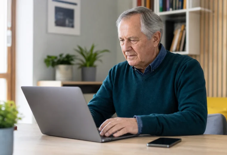 Mężczyzna po 60. roku życia korzystający bezpiecznie z Profilu Zaufanego na laptopie