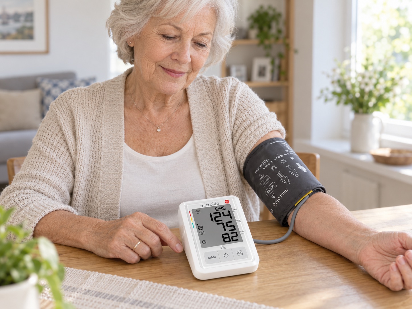 Seniorka podczas domowego pomiaru ciśnienia z wykorzystaniem ciśnieniomierza Microlife BP B3 AFIB z dużym wyświetlaczem i mankietem naramiennym