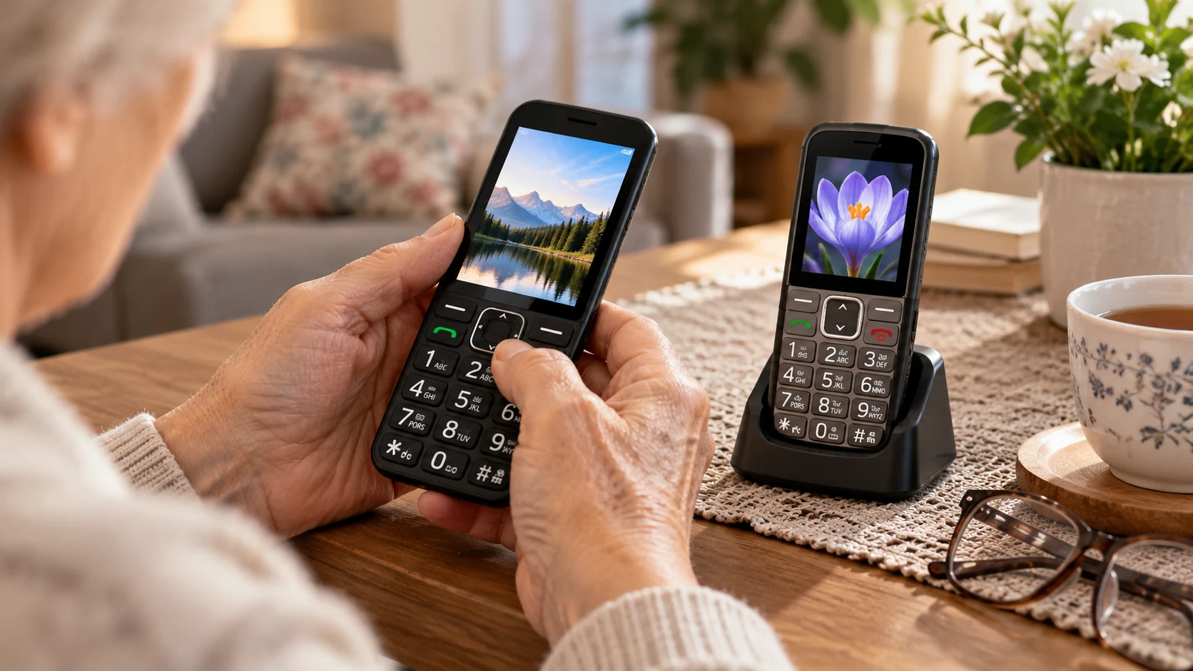 Porównanie telefonów dla seniorów myPhone HALO 4 LTE i Maxcom MM724 4G – osoba starsza korzysta z telefonu klawiszowego, drugi telefon znajduje się w podstawce ładującej