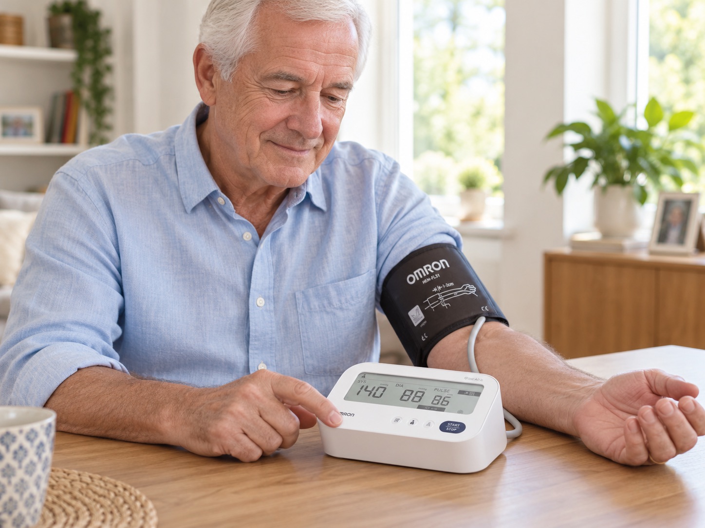 Senior mierzy ciśnienie w domu za pomocą ciśnieniomierza naramiennego OMRON M3 Comfort AFib z mankietem Intelli Wrap